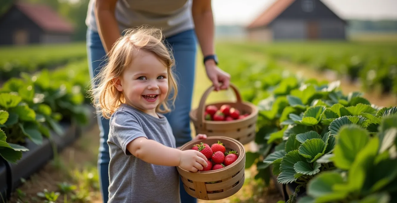 Familie plukt aardbeien op zonnig veld van Belgische boerderij